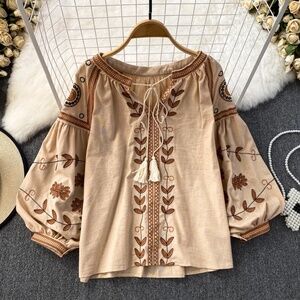 010 Boho Cotton Embroidered Floral Tassel Neck Tie Blouse